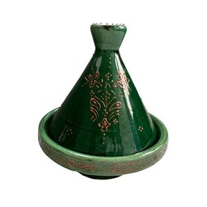 Green Ceramic Moroccan Tagine with Decorative Copper/Bronze Accents